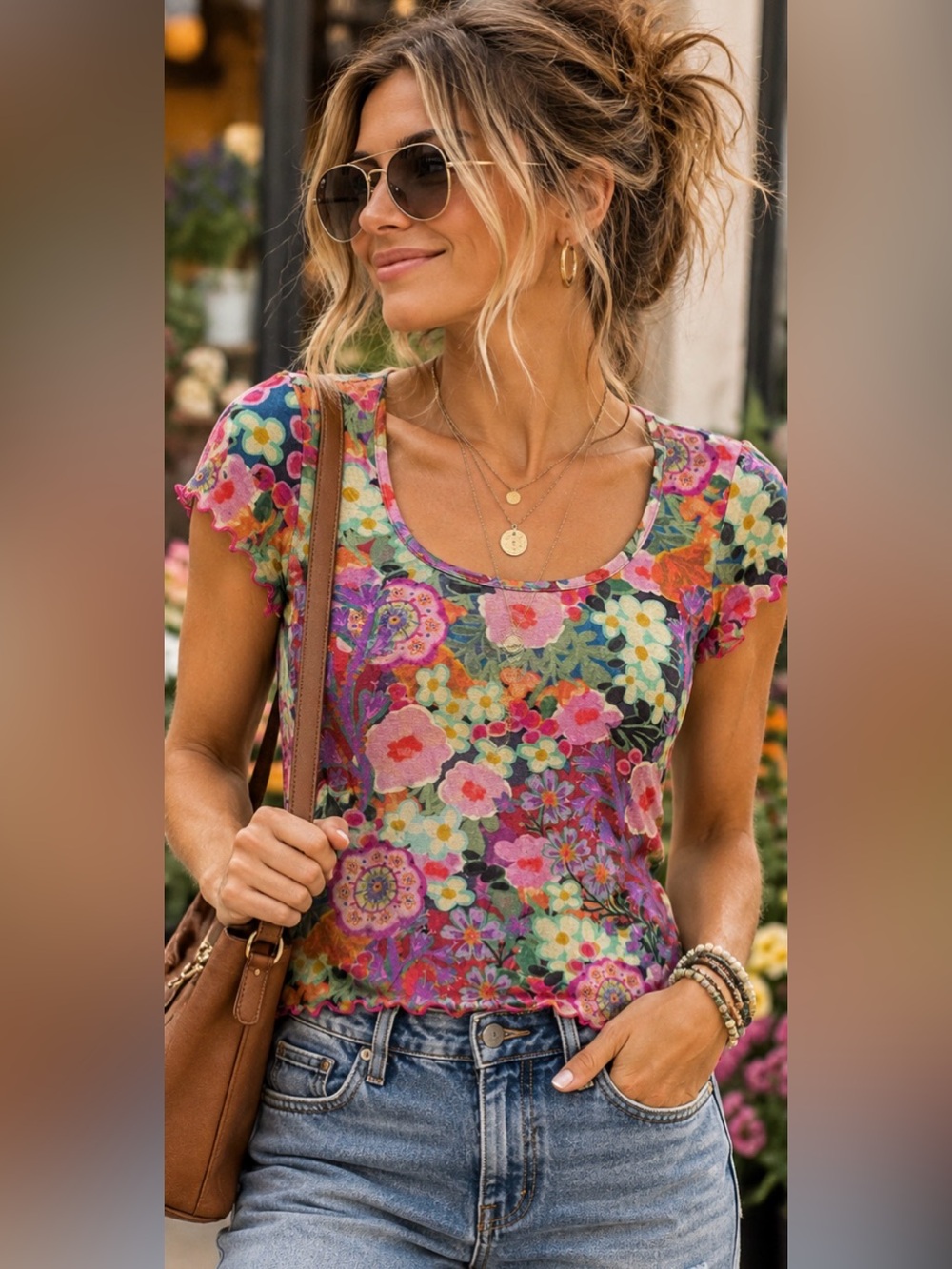 New! Natural Life Floral Lettuce Edge Stretchy Boho Fairycore Top NWT